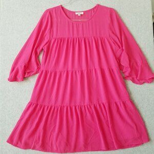 Umgee Women M Babydoll Tiered Boho Festival Fairy Dress Flutter 3/4 Sleeve Pink